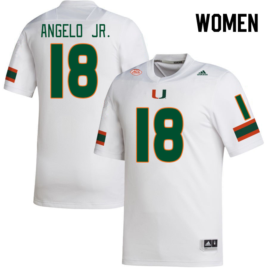 Women #18 Aristides Angelo Jr. Miami Hurricanes College Football Jerseys Stitched-White - Click Image to Close